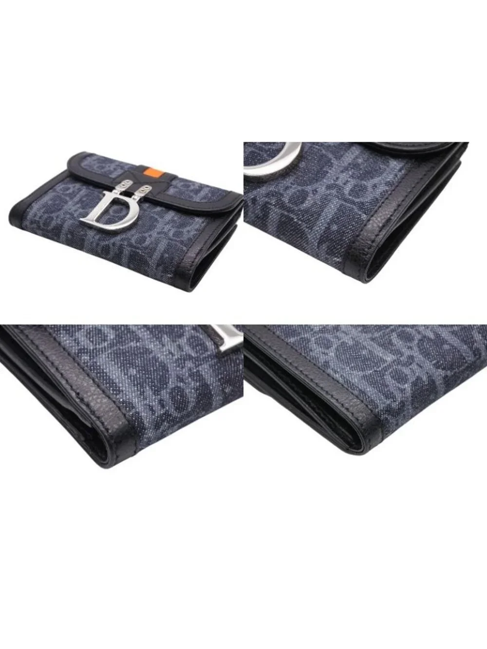 Dior Bifold Wallet Compact Trotter Line Navy Black Orange